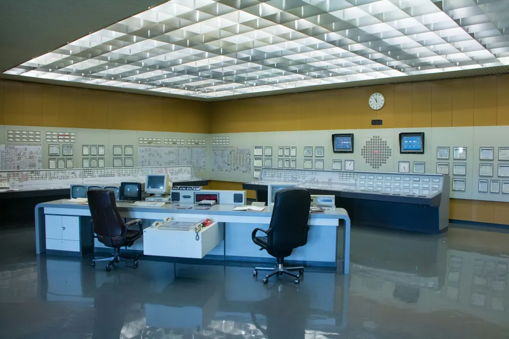 Industrial control room with operator desks and wall-mounted panels