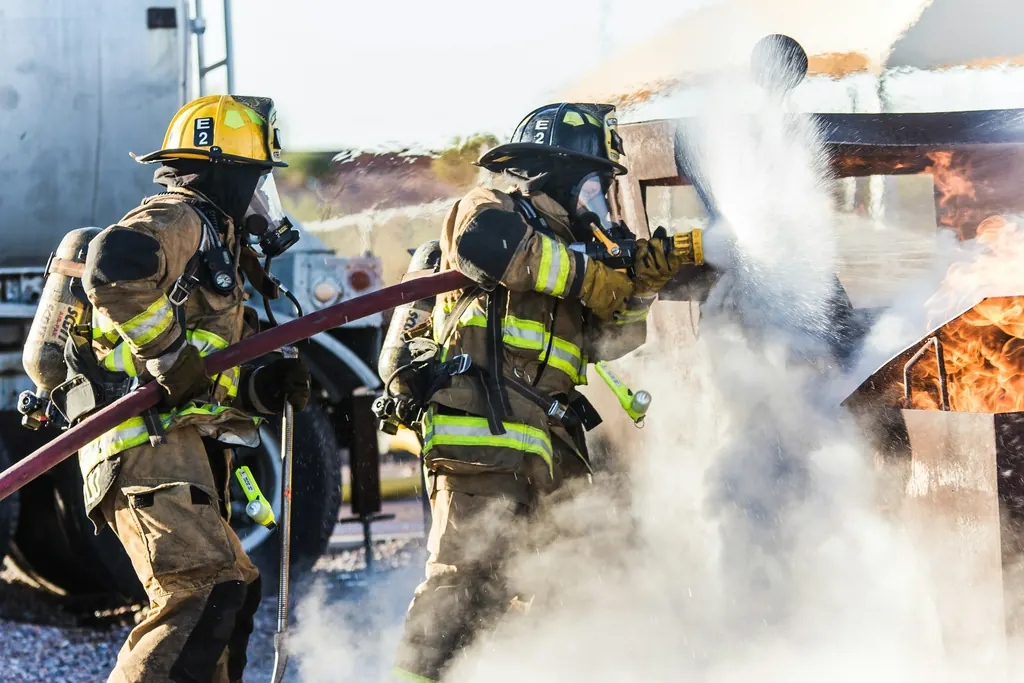 Firefighters in protective gear spraying water during a training exercise
