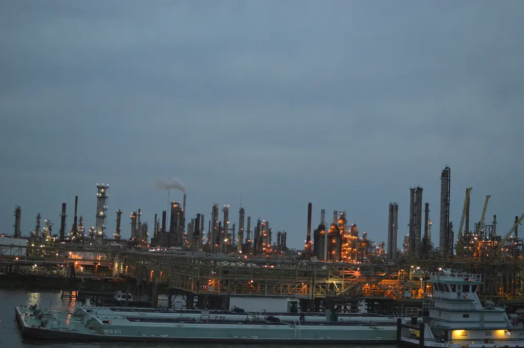 Refinery complex at dusk with tank barges moored along the waterfront