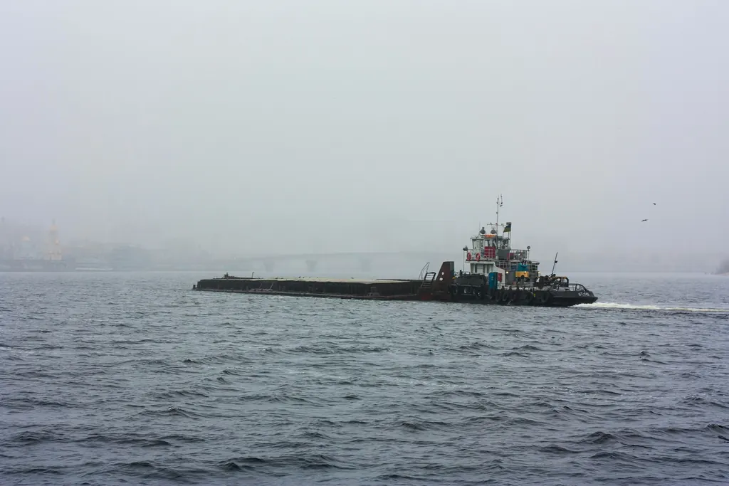Push boat moving a loaded barge across a wide misty waterway