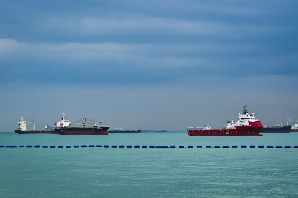 Tankers and offshore vessels at anchor in calm turquoise water