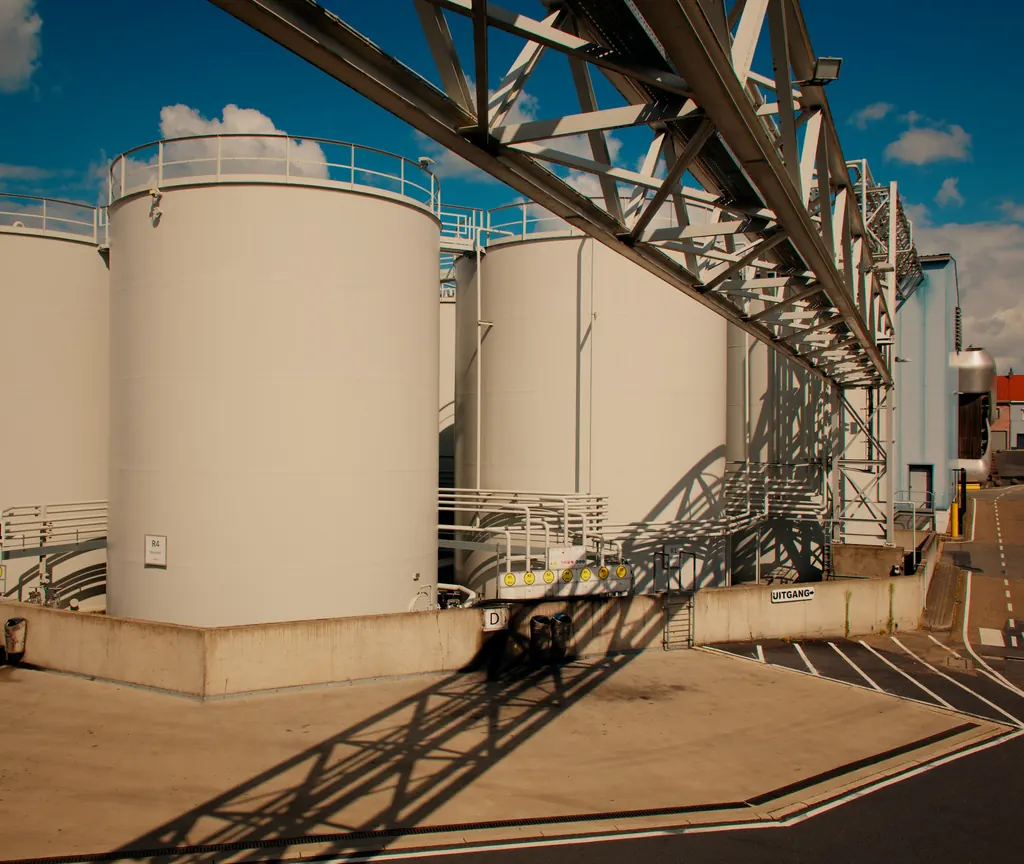 White storage tanks and an overhead pipe rack casting sharp shadows